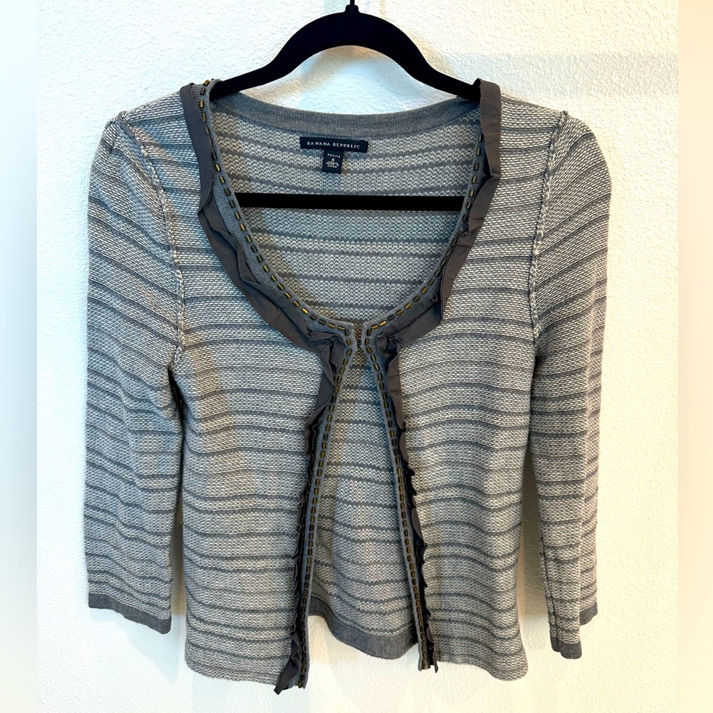 Banana Republic Gray 3/4 Sleeve Beaded Ruffle Detail Cardigan